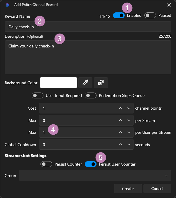 Channel point creation dialog in Streamer.bot, with numbers indicating where each step applies.
