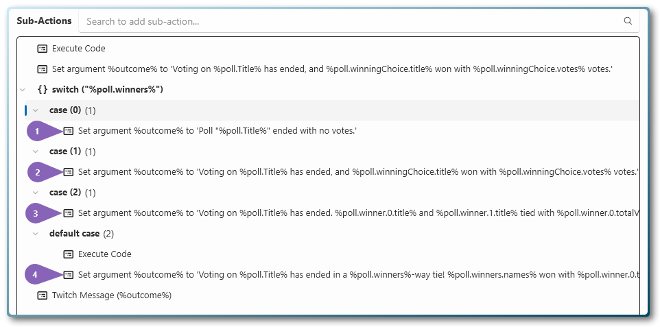Screenshot of the Poll Actions Streamer.bot action, pointing out the four arguments that relate to each relevant poll outcome